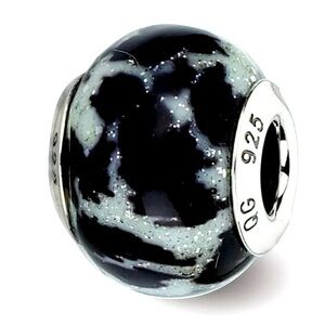 925 Sterling Silver Murano White & Black w/Glitter Overlay Glass Bead